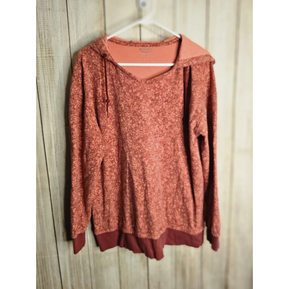 Athleta Womens Medium Hoodie Top Rust Orange Marled Pullover Cowl Neck